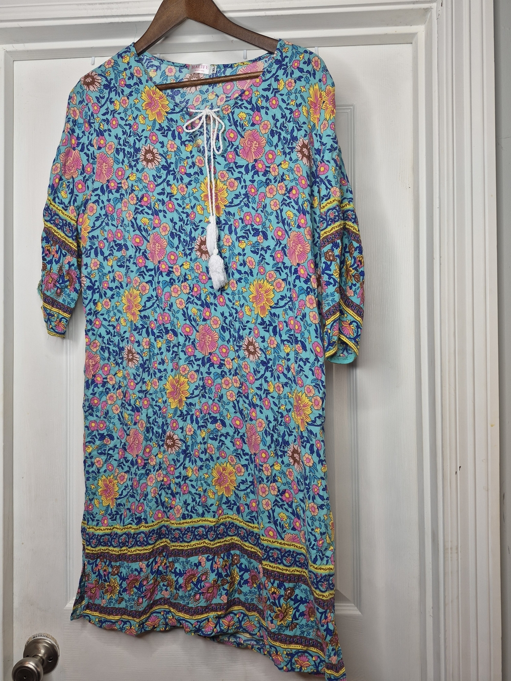 HALIFE Teal Floral Print Dress with Pink and Yellow Blooms XL